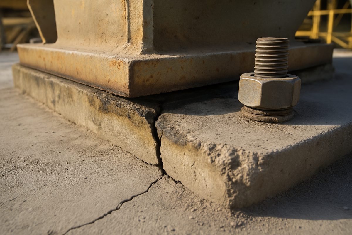 Corner crack and oil-stained, spalled cementitious grout shoulder under a crusher baseplate