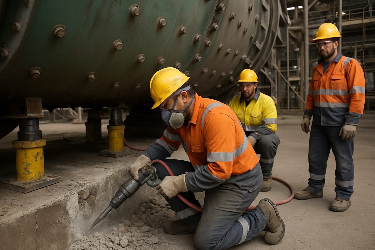 Maintenance crew breaking out old grout under a ball mill soleplate during a planned shutdown